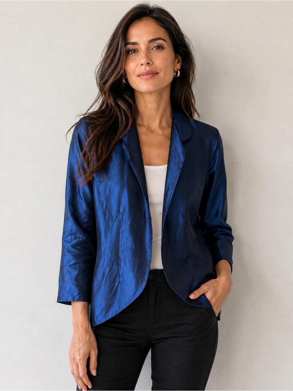 Sylvia Heisel Women’s 100% Silk Satin Blue Jacket/Blazer Open Front Size 12